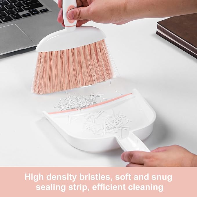 NACENA Small Dust Pan and Brush Set, Mini Broom and Dustpan Set Small Hand Broom and Brush Combo Dust Pan with Teeth for Home Cleaning Drawers Desktop Sofas Pet Care and Outdoor, Pink