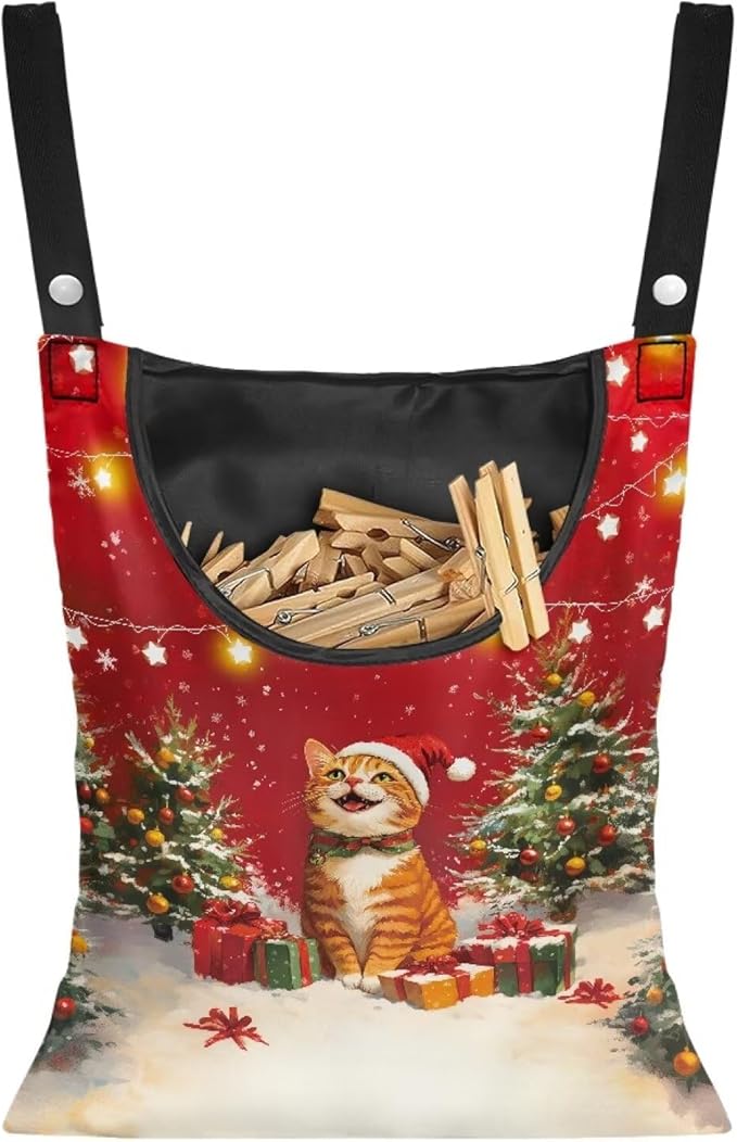 2025 Christmas Cat Waterproof Clothespin Bag with Hanging Rope - 14.5x12 Inch Storage Organizer for Home, Backyard & Camping