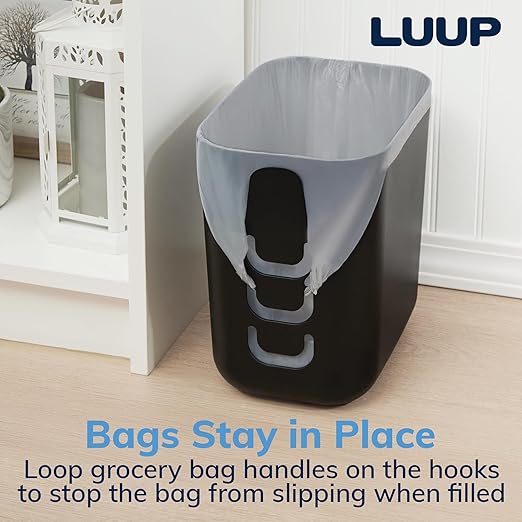 STORi Luup Bathroom Wastebasket, Secure Grocery Bags, Plastic Garbage Container for Vanity, Laundry Room, Kitchen, Office, 2.5 Gallon, Black, Made in USA