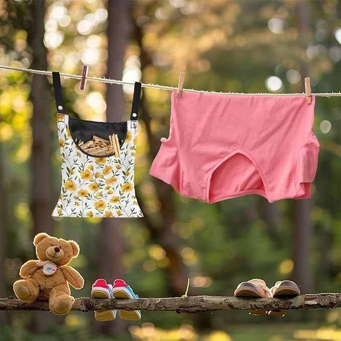 Yellow Floral Clothespin Bag Space-Saving Laundry Hanging Storage Organizer Clothes Pin Hanging Bag with Rope Holds 100 Clothes Pins for Clothesline Outdoor Clothespin Accessory Bag