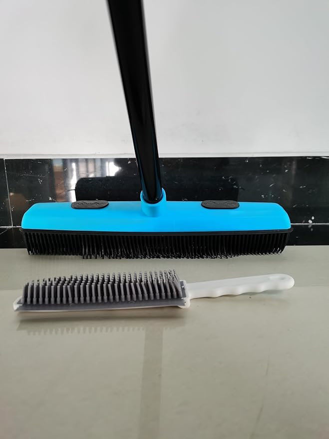 JEHONN Rubber Broom Carpet Rake Brush for Pet Hair with Squeegee, 52.8 inches Long Handle Silicone Fur Scraper Removal Tool with Detailing Lint Comb for Rug, Tile, Hardwood Floor Cleaning (Blue)