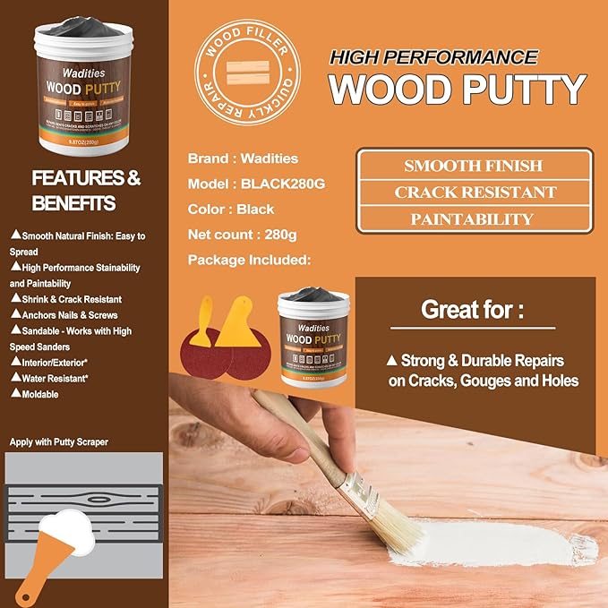 Black Wood Filler, Black Wood Putty, Paintable Stainable Wood Repair Putty, 9.87 Ounce Wood Furniture Repair kit, Quickly Repair Wood Cracks and Holes on Wooden Floor Furniture (Black)
