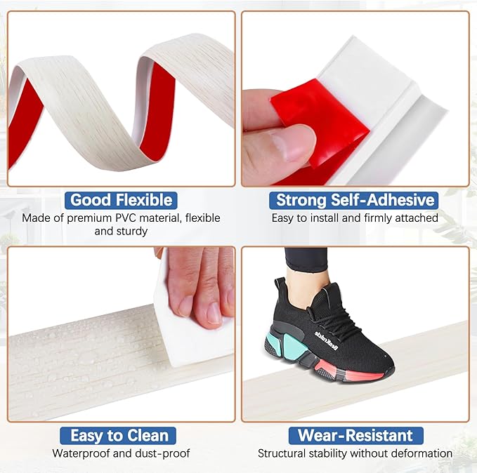 Vinyl Door Threshold Flooring Transition Strip Self Adhesive Carpet Edging Strip for Laminate Doorway Edge Threshold from 3/5" to 4/5" (Beige Wood Grain, 3.3 Ft)