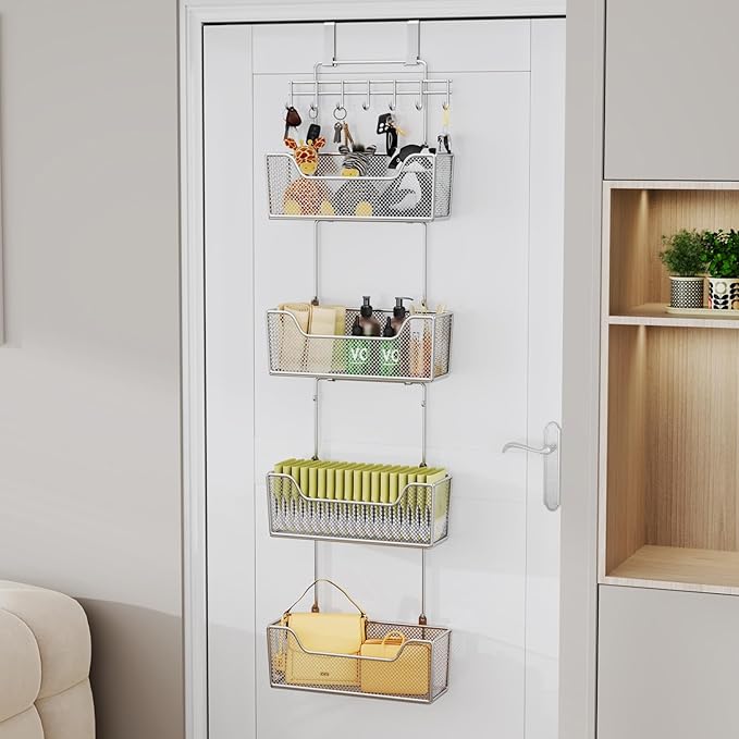 HapiRm Over The Door Organizer - Hanging Door Organizer with 4 Metal Large Capacity Baskets and Adjustable Coat Hook for Bathroom Bedroom Kitchen Pantry Closet Cabinet