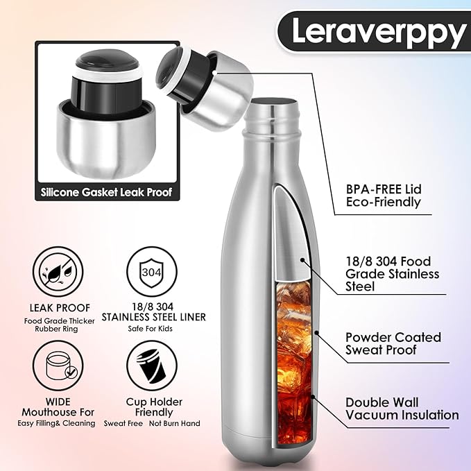 17oz Cola-Bottle Shaped Stainless Steel Leak-proof Water Bottle,Double Wall Vacuum Insulated Metal,Travel Mug For Sports Indoors & Outdoors,BPA-Free Kids Flasks,Silver(8 Pack)