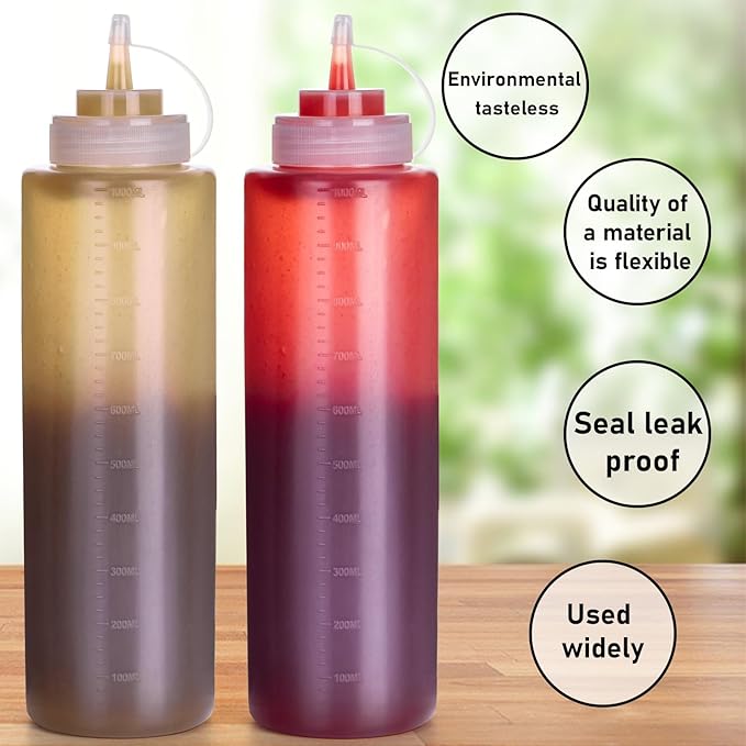 Squeeze Bottles for Sauces 2 Pack, 32 Ounce 1000ml Plastic Dressing Squirt Bottles with Cap Lids, Condiment Bottle for Liquids BBQ Dressing Pancake Art Dispenser