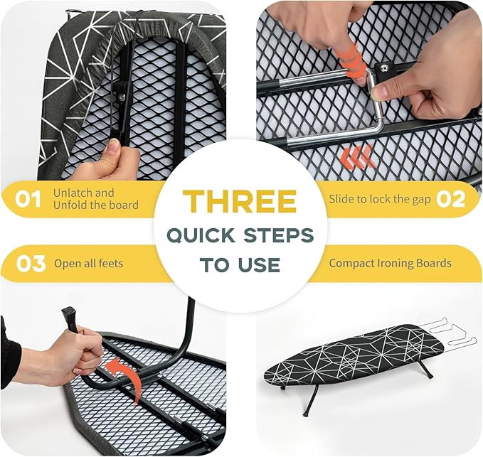 Mini Ironing Board Tabletop Foldable, RAINHOL Space-Saving Iron Board, Compact and Portable for Travel and College, with Hook and Iron Holder, Steel Mesh, 31" x 12", Black and White Stripes