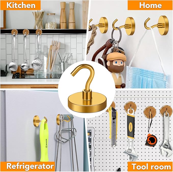 MIKEDE Magnetic Hooks,150LB Heavy Duty Magnets with Hook, Super Strong Magnets Neodymium Extra Cruise Strength for Hanging(Yellow, 10 Pack)