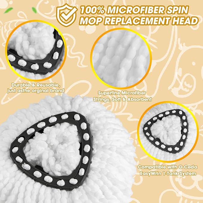 3 Pack Spin Mop Replacement Heads,100% Microfiber Spin Mop Refills for O-Ceda Mop Replace Head EasyWring 1-Tank System, Machine Washable Mop Heads Replacements for Easy Cleaning
