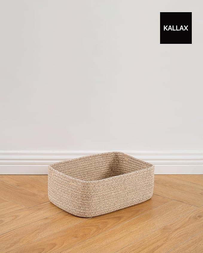 Small Woven Basket, 13.5 x 9.5 x 5 Inches, Storage Basket for Organizing, Cute Small Rope Shelf Closet Cube Storage Bins Baskets for Shelves, Dog Toy Gift Baskets Empty, 3 Packs, Mixed Brown