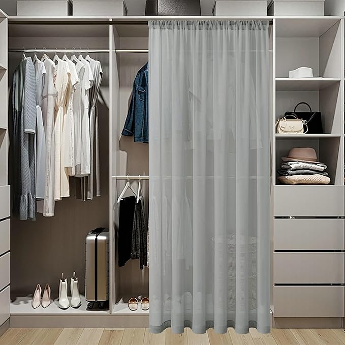 Tollpiz Sheer Door Curtains Closet Linen Textured Curtains Sheer Doorway Light Filtering Voile Rod French Door Pocket Curtain Patio Glass Door, 25 x 72 inches Long, Silver Grey, Set of 1 Panel
