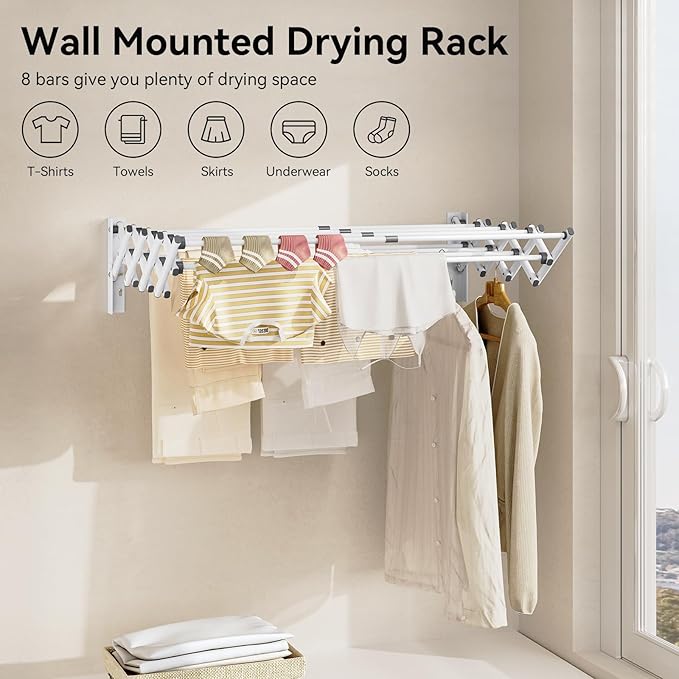 APEXCHASER Wall Mounted Clothes Drying Rack, Laundry Drying Rack Retractable, Towel Racks Wall Mounted for Bathroom Balcony Laundry Room Indoor, Foldable Accordion Dryer Rack for Clothing, White