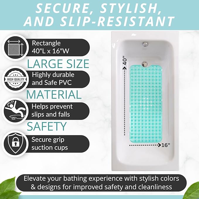 ENKOSI Bath Mat - Large Non Slip Bathtub & Shower Mat - Extra Long 40 x 16 Inch Bathroom Mats for Tub Nonslip Anti Slip Bathmats (40x16 Turquoise 1-Pack)