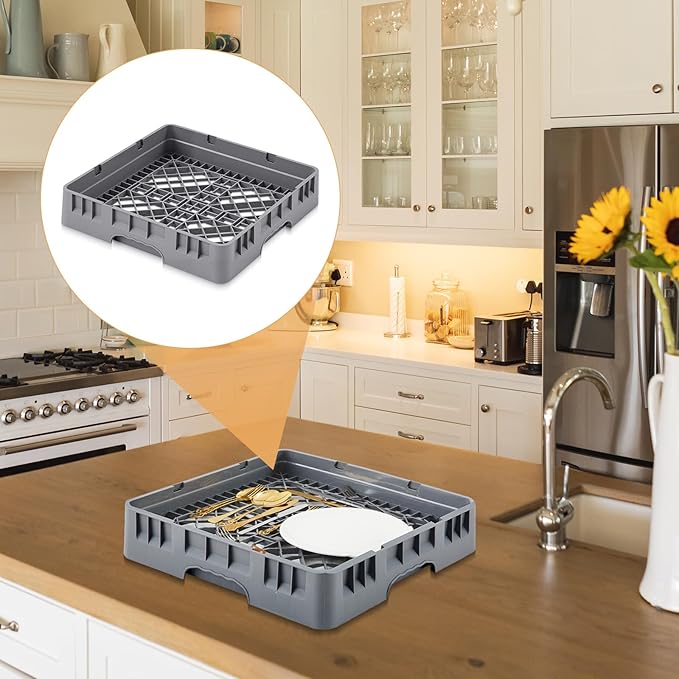 Commercial Dishwasher Tray Rack Polypropylene Full Size Flatware Rack for Bowls Plates Knives Forks Cups, Gray
