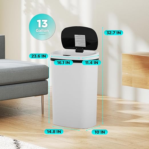 Automatic Motion Sensor Bathroom Trash Can with Lid, 13 Gallon Touchless Trash Bin, Smart Dog Proof Garbage Can, Touch Free Waste Basket for Toilet, Office, Bedroom,White