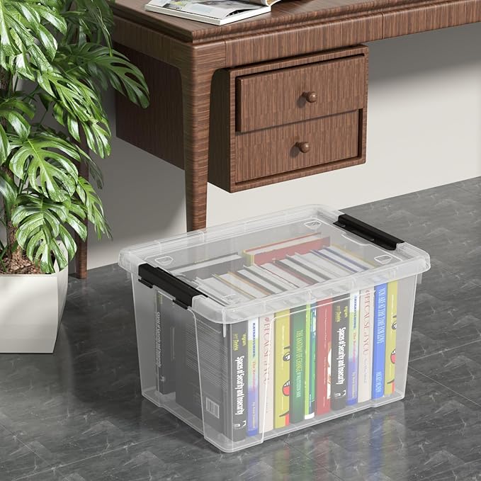 Set of 4 34 L Stackable Plastic Storage Bins with Latching Lids and Wheels, Clear Home Organization Container Box, See-Through