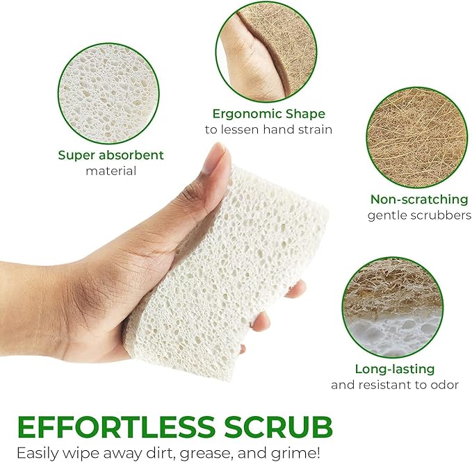 Biodegradable Natural Kitchen Sponge - Compostable Cellulose and Coconut Walnut Scrubber Sponge (24 Pack)
