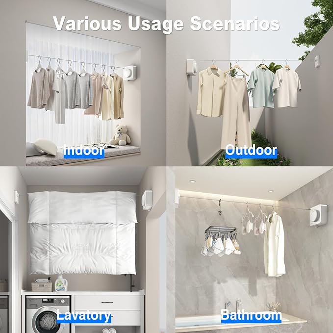 Retractable Clothesline Indoor, Non-Sagging Outdoor Clothes Line Retracting Heavy Duty Clothes Drying Laundry Line Wall Mounted Stainless Steel Line-15.1 Feets(Square-White)