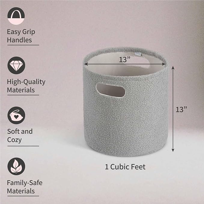 PUTSKA Basket – Round Storage for Toys and Clothes, Stuffed Animals – Soft Baby Girl Basket for Nursery, Kids Room, Bedroom, Living Room – Regular, Grey