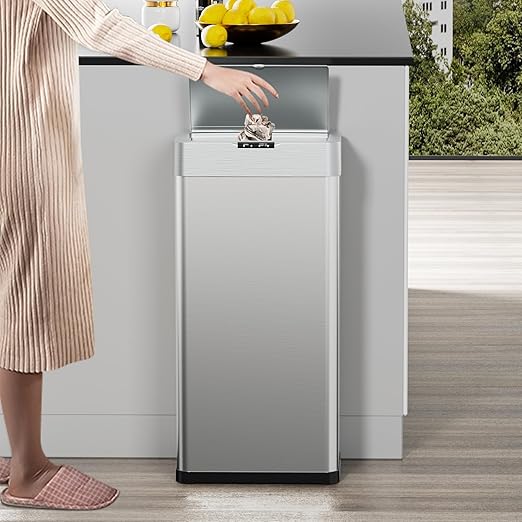 TLSUNNY 16 Gallon Motion Sensor Trash Can,Touchless Automatic Garbage Can,Brushed Stainless Steel Smart Bin,with Bag Holder,Soft Close Lid,for Kitchen,Office,RV,Bedroom,Living Room (Silver, 60L)