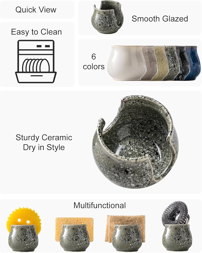 Ceramic Sponge Holder, Kitchen Sponge Holder Sink Caddy Organizer Dish Rack for Kitchen Sink Suction, Bathroom, Brush, Special Gray