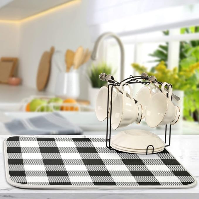 White and Black Buffalo Plaid Dish Drying Mat 18x24 for Kitchen Classic Buffalo Check Dishes Pad Dish Drainer Rack Mats Absorbent Fast Dry Kitchen Accessories