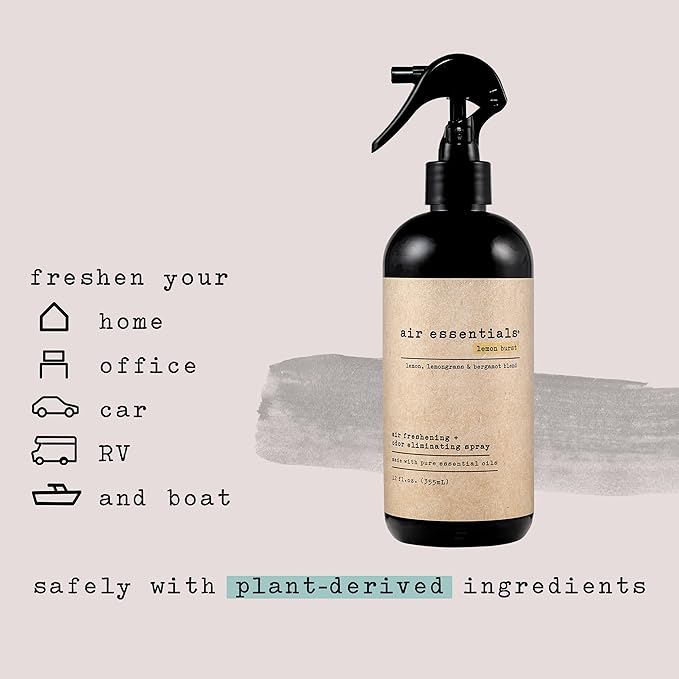 Air Essentials Air Freshener & Odor Eliminator Spray - 12 oz, Pack of 2 - Made with Pure Essential Oils - Lemon Burst Scent