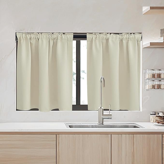 RYB HOME Kitchen Window Curtains - Blackout Privacy Half Window Curtains for Bedroom Bathroom Dining Living Room Cafe Office Short Tiers Drapes, W 34 x L 36 inches, 2 Panels, Beige