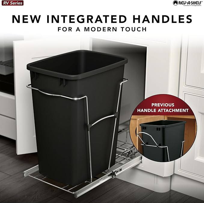 Rev-A-Shelf Pullout Trash Can for Kitchen Cabinets 35 Quart Garbage Waste Recycling Bin with Full Extension Slides, White, RV-12KD-11C