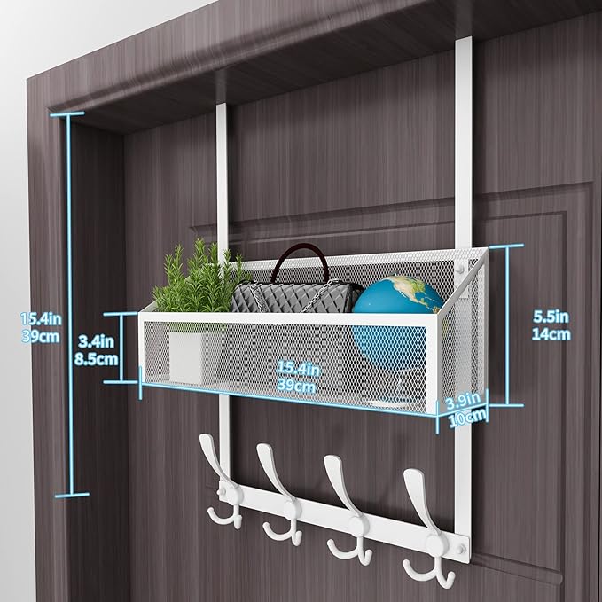Over The Door Hooks Organizer, Coat Rack Over The Door Storage Hanger Towel Rack, Back of Door Storage Organizer for Bathroom,Bedroom,Kitchen,Office (White 2-Tier)