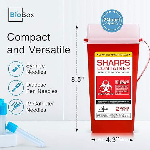 Sharps Container Large - Sharps Containers for Home Use and Labs - Portable Needle Disposal and Travel Size Biohazard Bin - 2 Quart (Pack of 1)