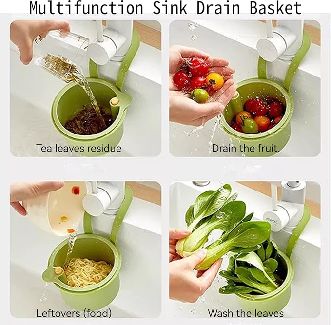 Faucet Hanging Strainer Kitchen Sink Food Waste Catcher Drain Basket, Plastic Kitchen Sink Strainer Automatic Dumping Draining Basket, Food Fruit Vegetable Drain Shelf Sink Storage Holder (Green)