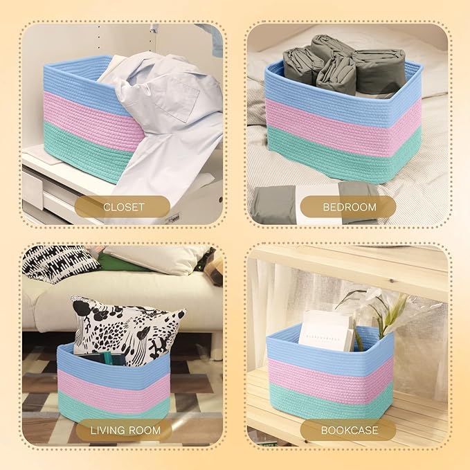 Hopegiver Woven Storage Baskets 15x11x10 Inch, 3 Pack Collapsible Cube Storage Bin for Shelves - Foldable Cotton Rope Organizer Bins for Towels, Toys, Books, Closet, Nursery (Blue Pink Green)
