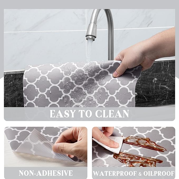 Glotoch Shelf Liners for Kitchen Cabinets 17.5x360 Inch Non Adhesive Drawer Liners for Kitchen,Non Slip Shelf Liner Waterproof Contact Paper for Cabinets and Drawers, Pantry, EVA Wire Shelf Liner,Gray