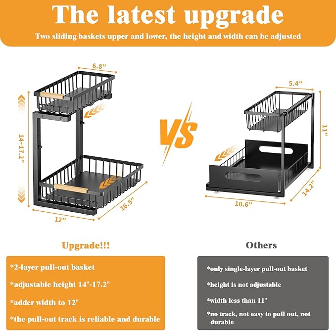 2-Tier Slide Out Under Sink Organizer – 2-Tier Pull-Out Storage Rack, Bathroom organizers and storage for Kitchen and Bathroom, Space-Saving Cabinet Organizer, Rustproof,（White)(2 Pack)