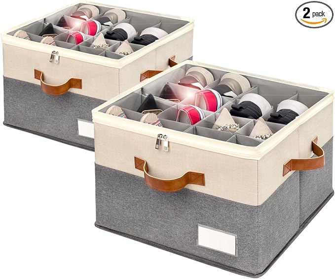Shoe Organizer for Closet, Foldable Shoe Storage Bins with Clear Cover, Space Saving Shoes Holder with 4 Handles, Large Adjustable Shoe Box Storage Containers, Fits 8-16 Pairs, 2 Pack, Beige