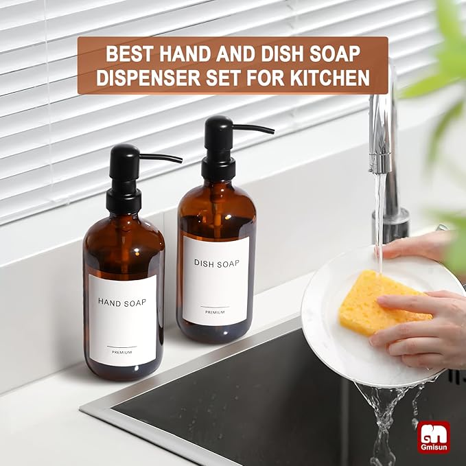 GMISUN Amber Glass Soap Dispenser, 2 Pack Bathroom Hand Soap Dispensers with Stainless Steel Pump, 17 Fl Oz Kitchen Hand and Dish Soap Dispenser Set, Modern Vintage Liquid Brown Soap Dispensers Bottle