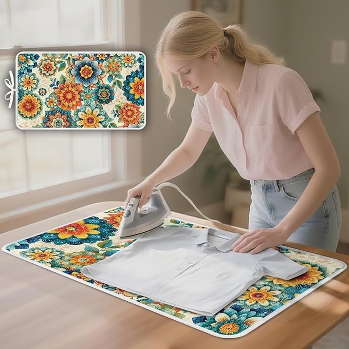 Boho Ironing Mat Foldable Ironing Pad Portable Board Iron Board Alternative Cover,Foldable Cover Flower Small Iron Mat for Table Top,Washer and Dryer 32 x 16 Inch