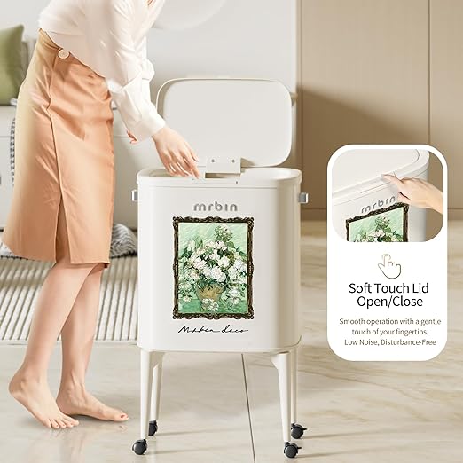 MRBIN Metal Kitchen Trash Can with Wheel Legs, 36L / 9.5gal Medium Press Lid Slim Removable Waste Basket, Pet Proof Tall Narrow Garbage Pail for Vanity, Bedroom, Bathroom, Living Room, White Rose