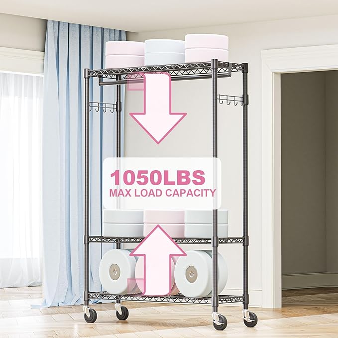 Heavy Duty Rolling Garment Rack 3 Tiers Adjustable Wire Shelving Clothes Rack with 1 Rods and Side Hooks,Storage Closet Clothing Rack with Wheels Black 15.7" D x 45.3" W x 75.6" H