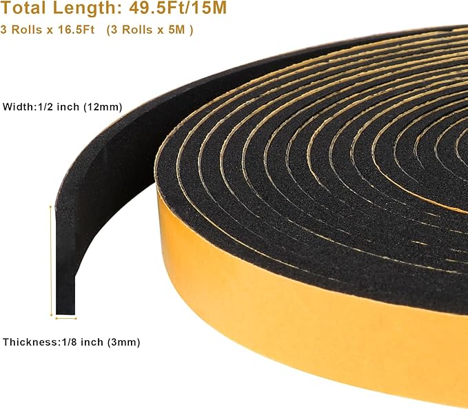 Weather Stripping Soundproof 1/2 in x 1/8 in, Door Seal Strip High Density, Weatherproof Insulation Foam Tapes for Windows, 3 Rolls Total 49.5Ft