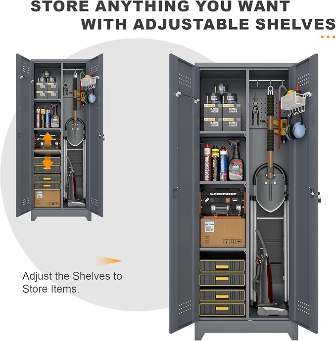 Broom Closet Storage Cabinet, Steel Locking Cabinet with Hanging Rod, 65" Cleaning Storage with Doors and Hooks, Tall Broom Tool Cabinets for Office, Garage