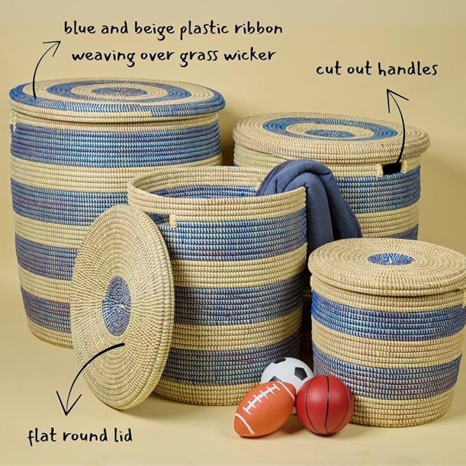 Storage & Organization - Laundry Basket, Bedroom Hamper, Nursery Toys Bin, Living Room Blankets Storage, Decorative, Wicker, Sturdy, Round, Handles, Woven, Blue Beige (Small)