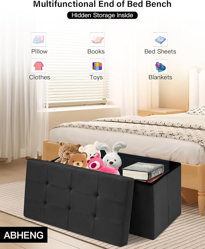 Folding Storage Ottoman, Velvet Storage Bench, Footrest, Removable Divider, for Living Room, Bedroom, 15 x 30 x 15 Inches, 660 lb Load Capacity, Ink Black UASND01B