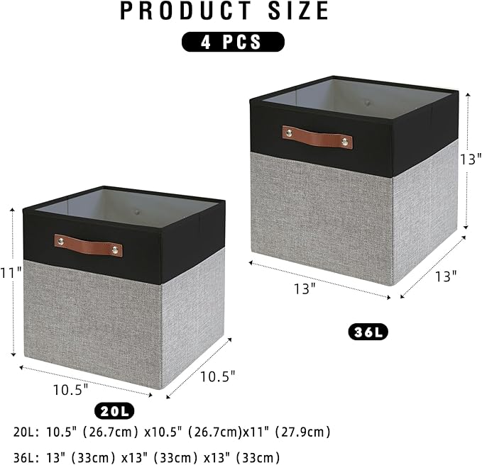 Collapsible Fabric Storage Cube Bins with 2 Reinforced PU Handles, Foldable Storage Organizer Baskets for Closet, Shelves, Living Room | 13"x13"x13", 4 Pack, Black & Gray