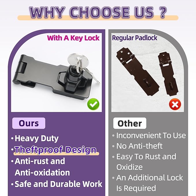 Alise Keyed Hasp Lock,3 Inch Safety Packlock Clasp Hasp Lock Latch with Lock, Black Door Hinge Lock with Keys Keyed Locking Hasp for Cabinets Closets Doors