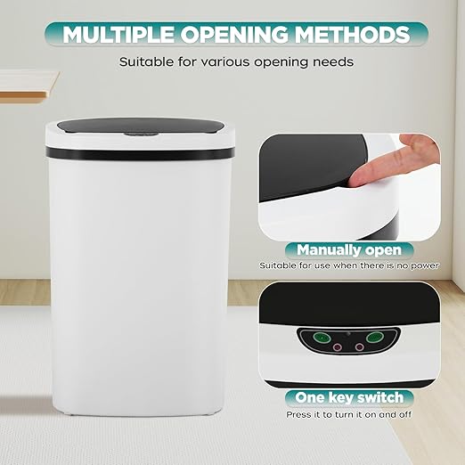 Automatic Motion Sensor Bathroom Trash Can with Lid, 13 Gallon Touchless Trash Bin, Smart Dog Proof Garbage Can, Touch Free Waste Basket for Toilet, Office, Bedroom,White