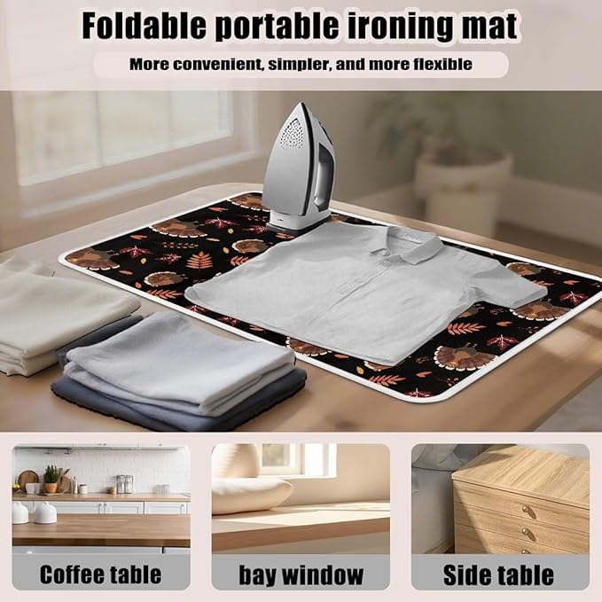 Cute Ironing Mat for Table top Washer,Dryer,Countertop,Turkey Portable Iron Pad Blanket for Washer Dryer Countertop Travel 32 x 16 Inch Thanksgiving Small Ironing Pads, Black