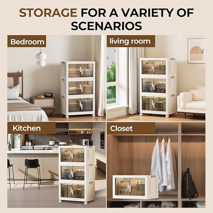 Elegant 4 Tiers Stackable Storage Bins for Home Organization, Moveable Plastic Storage Bins with Lids, Easy Assembled Storage Box for Closet Organizers and Storage Dorm 22" W x 12.4" D x 49.4" H