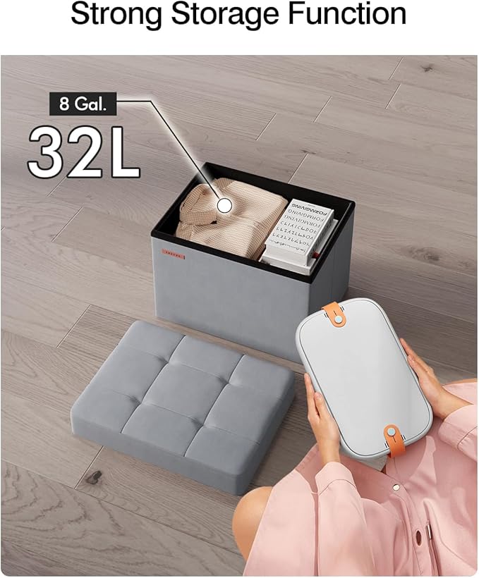 Folding Storage Ottoman, Velvet Storage Bench, Footrest, Foot Stool, for Living Room, Bedroom and Office,12.2 x 16.1 x 12.2 Inches, 200 kg Load Capacity, Dove Gray UASND03G